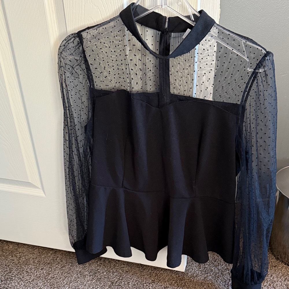 Sheer Dot-Trim Peplum Women's Top - Black